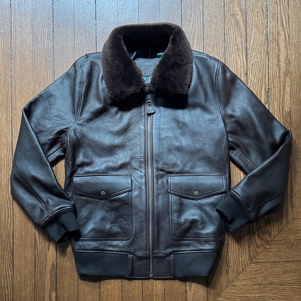 Men's Satchel & Page Brown Bomber Leather Jacket w Wool Mouton Collar Sz M NWOT